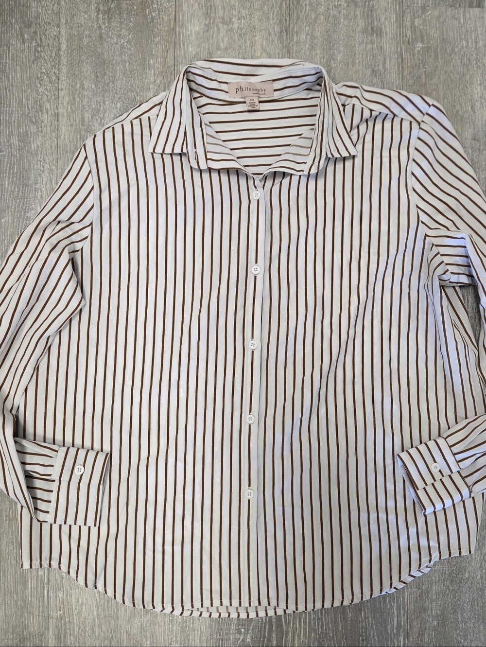 Philosophy Womens White Shirt with Brown Pinstripes